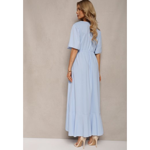 Jasnoniebieska Kopertowa Sukienka z Gumką w Pasie i Wiązaniem Ozdobiona Renee M Renee odzież promocja