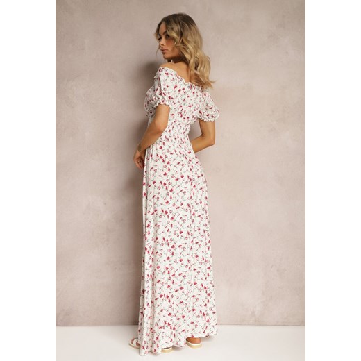 Biało-Różowa Wiskozowa Sukienka w Kwiaty z Trójkątnym Dekoltem i Gumką w Talii Lasteri ze sklepu Renee odzież w kategorii Sukienki - zdjęcie 172272569