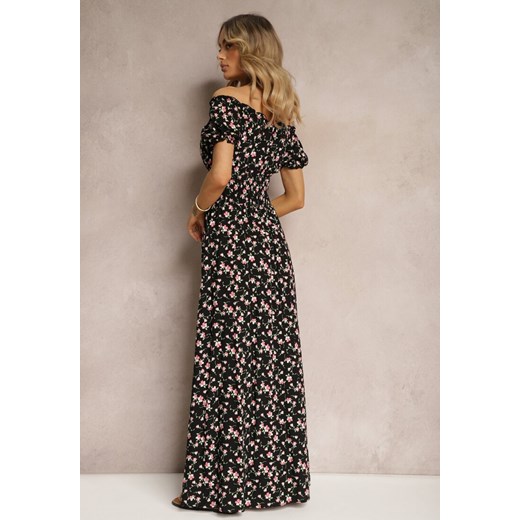 Czarna Wiskozowa Sukienka w Kwiaty z Trójkątnym Dekoltem i Gumką w Talii Lasteri Renee XL okazyjna cena Renee odzież