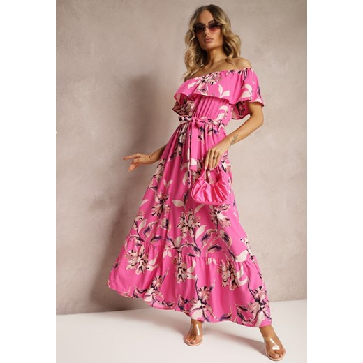 Różowa Kwiecista Sukienka Typu Hiszpanka z Gumką w Talii i Materiałowym Paskiem Pori ze sklepu Renee odzież w kategorii Sukienki - zdjęcie 172272597