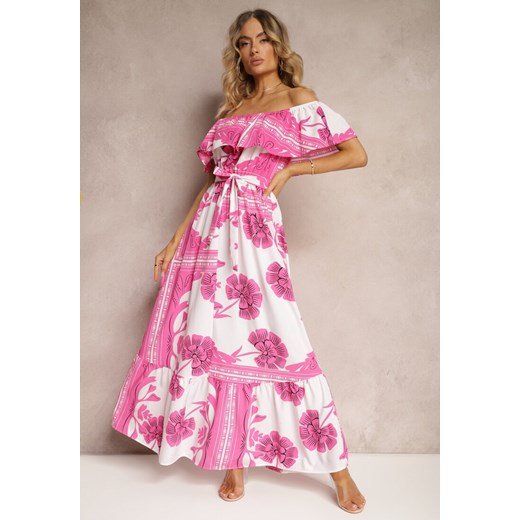 Różowo-Biała Hiszpanka Sukienka z Gumką w Talii i Materiałowym Paskiem z Falbankami Xoneri ze sklepu Renee odzież w kategorii Sukienki - zdjęcie 172272607