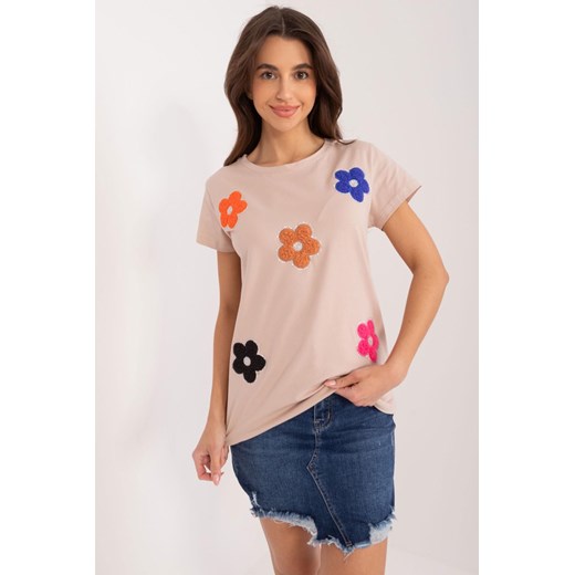 T-Shirt z aplikacją w kwiaty ciemno beżowy ze sklepu 5.10.15 w kategorii Bluzki damskie - zdjęcie 172272778