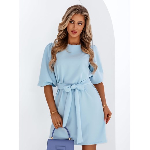 Błękitna trapezowa sukienka z wiązaniem w talii Ellianna - błękitny ze sklepu pakuten.pl w kategorii Sukienki - zdjęcie 172273026