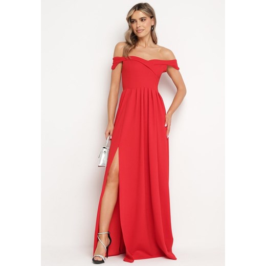 Czerwona Koktajlowa Rozkloszowana Sukienka z Hiszpańskim Dekoltem i Rozcięciem na Nogę Gralia ze sklepu Born2be Odzież w kategorii Sukienki - zdjęcie 172275109