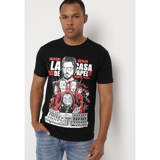 Czarny Klasyczny T-shirt z Bawełny z Dużym Nadrukiem Gunelia ze sklepu Born2be Odzież w kategorii T-shirty męskie - zdjęcie 172275238