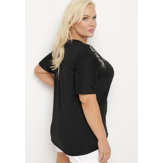 Czarny T-shirt z Nadrukiem i Cyrkoniami Moarinas XL wyprzedaż Born2be Odzież