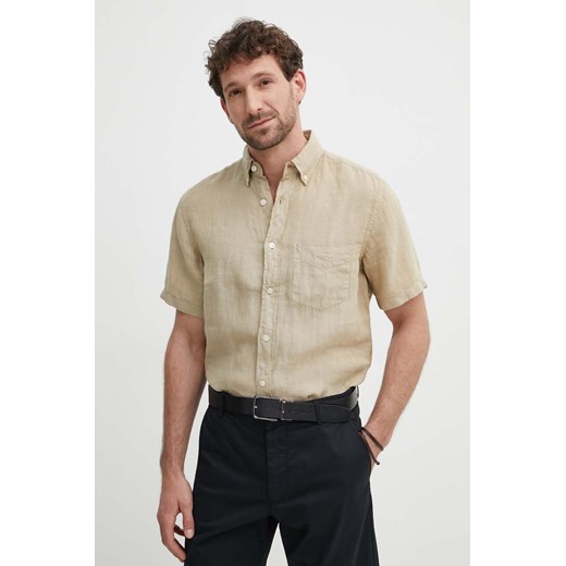 Gant koszula lniana kolor beżowy regular z kołnierzykiem button-down ze sklepu ANSWEAR.com w kategorii Koszule męskie - zdjęcie 172277648
