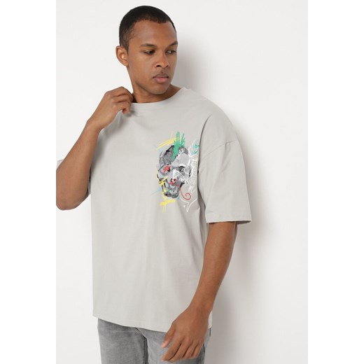 Szara Koszulka z Krótkim Rękawem T-Shirt z Nadrukiem z Przodu i na Plecach Franestia ze sklepu Born2be Odzież w kategorii T-shirty męskie - zdjęcie 172279417