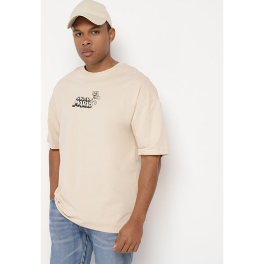Beżowa Koszulka Bawełniana Oversize z Nadrukiem z Przodu i na Plecach Mannesha ze sklepu Born2be Odzież w kategorii T-shirty męskie - zdjęcie 172279428