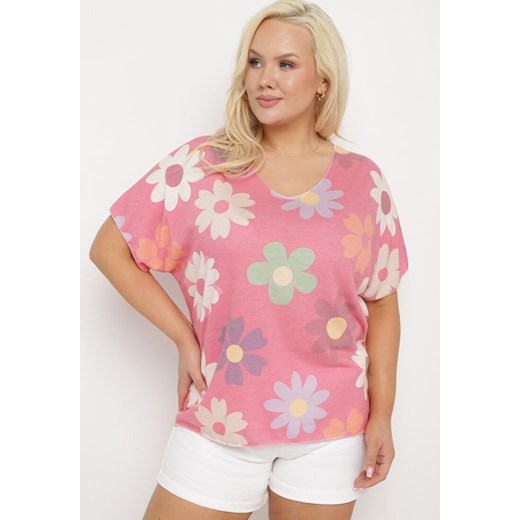 Różowy Bawełniany T-shirt z Krótkim Rękawem w Kwiatowy Wzór Zorantia ze sklepu Born2be Odzież w kategorii Bluzki damskie - zdjęcie 172279618