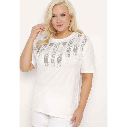 Biały T-shirt z Nadrukiem i Cyrkoniami Moarinas ze sklepu Born2be Odzież w kategorii Bluzki damskie - zdjęcie 172279696