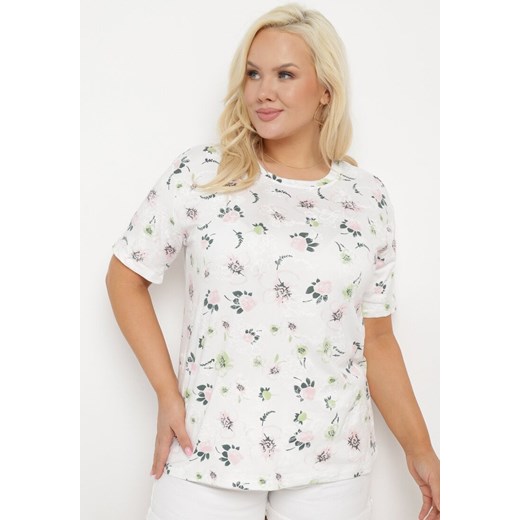 Biały T-shirt Koszulka z Krótkim Rękawem w Kwiaty Nleessa ze sklepu Born2be Odzież w kategorii Bluzki damskie - zdjęcie 172279829