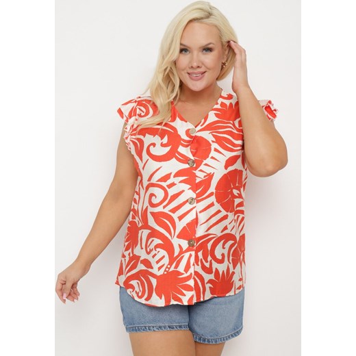 Pomarańczowa Koszula w Abstrakcyjny Print z Falbankami i Guzikami Norbia ze sklepu Born2be Odzież w kategorii Bluzki damskie - zdjęcie 172280049