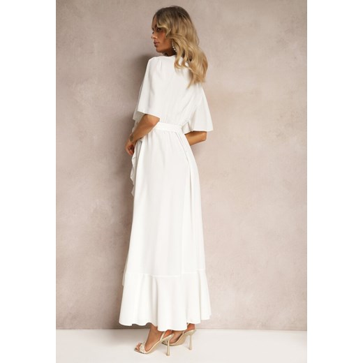 Biała Kopertowa Sukienka z Gumką w Pasie i Wiązaniem Ozdobiona Falbankami Ceteri Renee M promocja Renee odzież