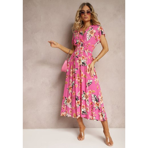 Różowa Kopertowa Sukienka w Kwiaty z Gumką w Talii Nobbia ze sklepu Renee odzież w kategorii Sukienki - zdjęcie 172283749