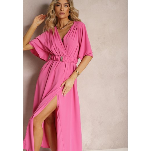 Różowa Kopertowa Sukienka z Gumką w Talii i Paskiem Amperi Renee L wyprzedaż Renee odzież