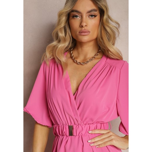 Różowa Kopertowa Sukienka z Gumką w Talii i Paskiem Amperi Renee M okazyjna cena Renee odzież