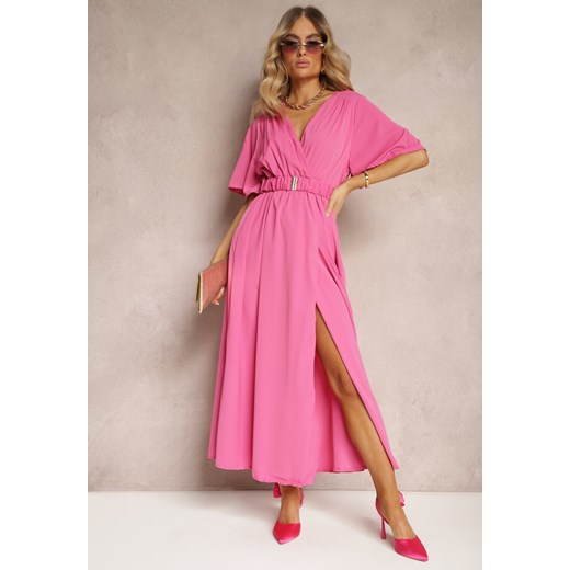 Różowa Kopertowa Sukienka z Gumką w Talii i Paskiem Amperi Renee L okazja Renee odzież