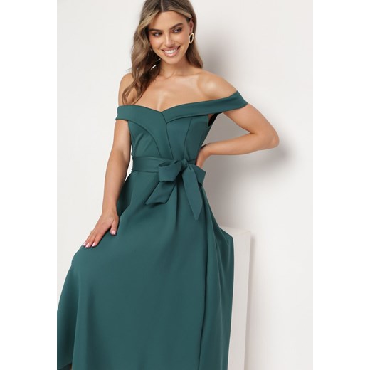 Zielona Elegancka Sukienka o Fasonie Hiszpanki z Materiałowym Paskiem Xaelia S okazja Born2be Odzież