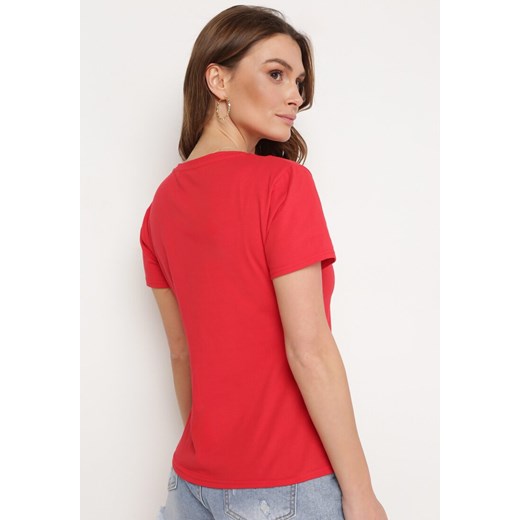 Czerwony Bawełniany T-shirt z Krótkim Rękawem i Metalicznym Nadrukiem Cadiana M promocyjna cena Born2be Odzież