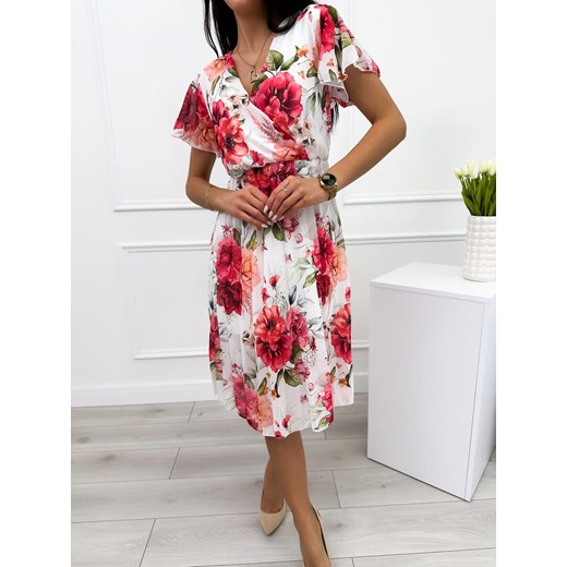 Sukienka Modnakiecka.pl w kwiaty na wesele midi kopertowa z krótkim rękawem w serek 