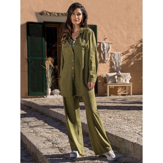 Oliwkowe luźne spodnie damskie z lnem Potis & Verso Pascal ze sklepu Eye For Fashion w kategorii Spodnie damskie - zdjęcie 172306036