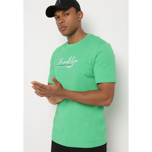 Zielona Koszulka z Bawełny Ozdobiona Nadrukiem Eloenna XL Born2be Odzież wyprzedaż