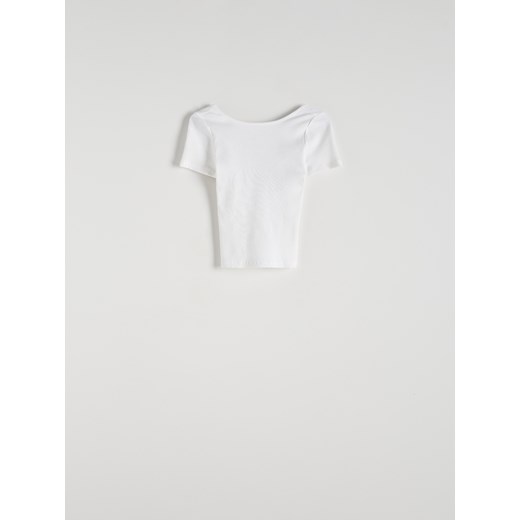 Reserved - Prążkowany t-shirt z wycięciem na plecach - biały ze sklepu Reserved w kategorii Bluzki damskie - zdjęcie 172310645