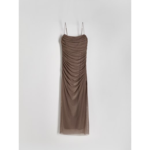 Reserved - Tiulowa sukienka z marszczeniami - brązowy ze sklepu Reserved w kategorii Sukienki - zdjęcie 172310785