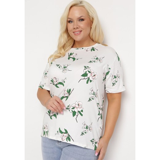 Biały T-shirt Koszulka z Krótkim Rękawem w Kwiaty Henubia ze sklepu Born2be Odzież w kategorii Bluzki damskie - zdjęcie 172313177