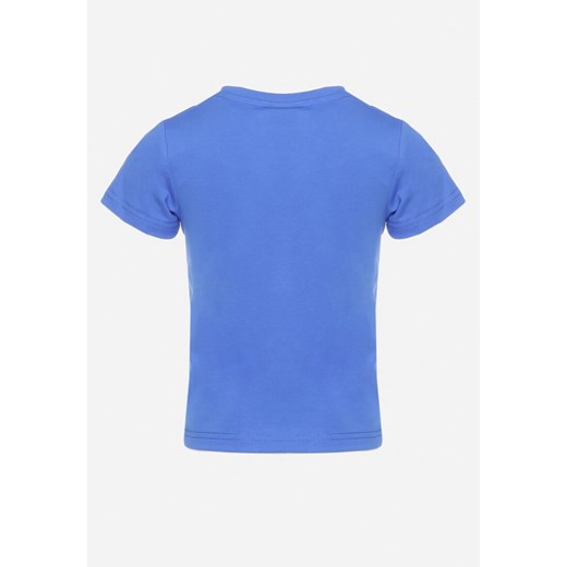 Niebieska Koszulka z Bawełny z Krótkim Rękawem Ozdobiona Aplikacją Lumubia 80 Born2be Odzież