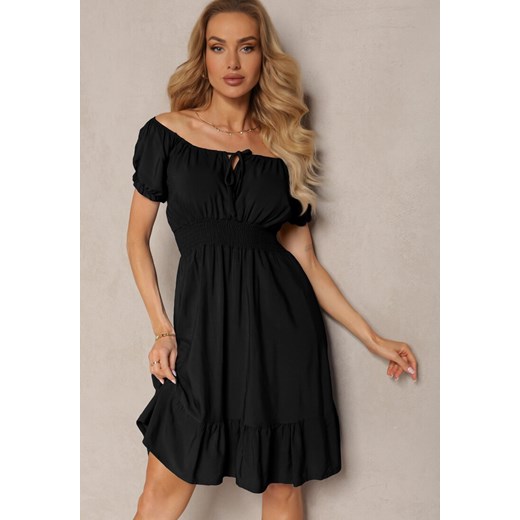 Czarna Sukienka z Wiskozy z Gumkami w Talii i Dekoltem ze Ściągaczem Tiimazela ze sklepu Renee odzież w kategorii Sukienki - zdjęcie 172313708