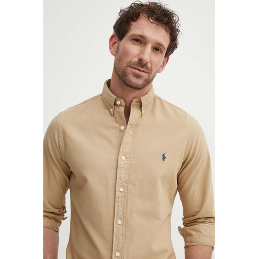 Polo Ralph Lauren koszula bawełniana męska kolor beżowy regular z kołnierzykiem button-down 710889739001 ze sklepu ANSWEAR.com w kategorii Koszule męskie - zdjęcie 172314857