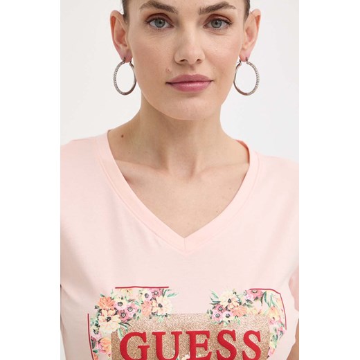 Bluzka damska Guess młodzieżowa bawełniana z napisami z okrągłym dekoltem 