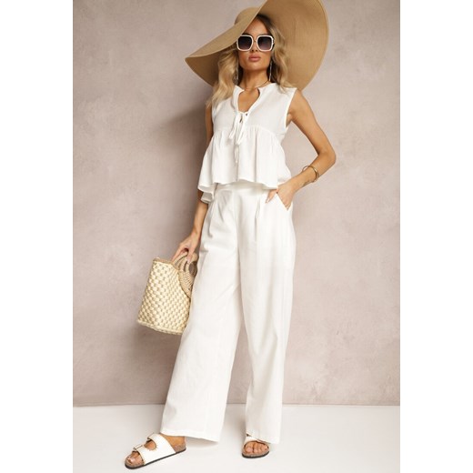 Białe Spodnie z Bawełny i Lnem High Waist Kolalia ze sklepu Renee odzież w kategorii Spodnie damskie - zdjęcie 172318385