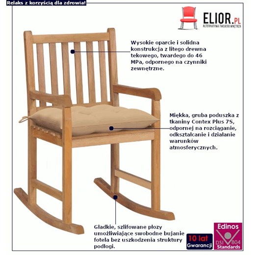 Drewniany fotel bujany z beżową poduszką - Mecedora Elior One Size Edinos.pl