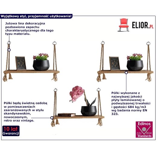 Komplet trzech półek wiszących dąb craft złoty - Emilie 3X Elior One Size okazja Edinos.pl