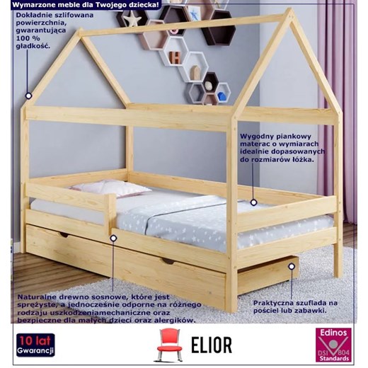 Drewniane łóżko domek z materacem i szufladą, sosna - Petit 4X 190x90 cm Elior One Size Edinos.pl