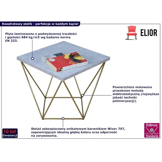 Kwadratowy stolik kawowy beton + złoty - Galapi 5X Elior One Size Edinos.pl
