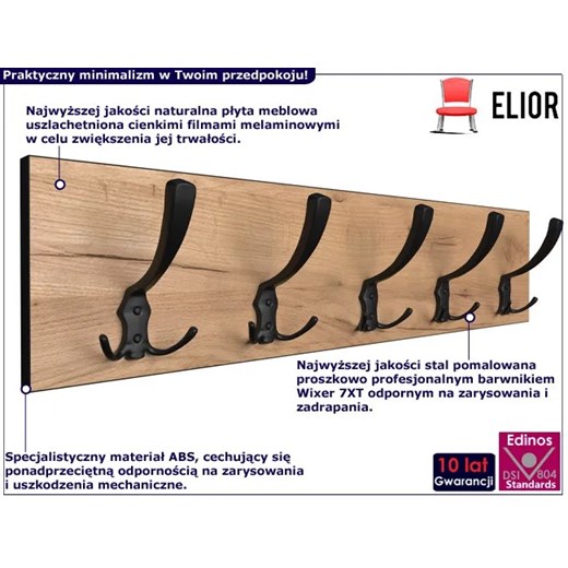 Ścienny wieszak na ubrania dąb craft + czarny - Dragan 4X Elior One Size wyprzedaż Edinos.pl