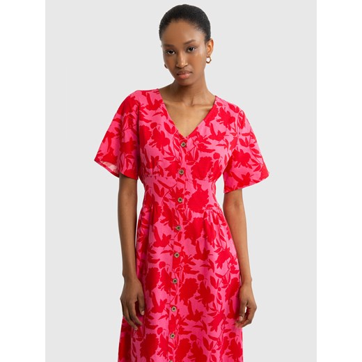 Lniana sukienka damska midi z motywem kwiatowym z guzikami różowa  Victorine 601 XL Big Star