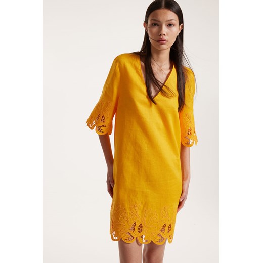 H & M - Lniana sukienka z haftem angielskim - Żółty H & M L H&M