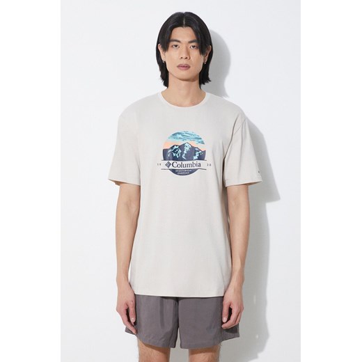 Columbia t-shirt bawełniany Path Lake męski kolor beżowy z nadrukiem 1934814 ze sklepu PRM w kategorii T-shirty męskie - zdjęcie 172332785