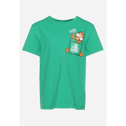 Zielona Koszulka T-shirt z Nadrukiem Śmiesznego Kota Ellari ze sklepu Born2be Odzież w kategorii T-shirty chłopięce - zdjęcie 172338257