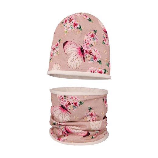 Dziewczęcy bawełniany komplet w kwiatowy wzór czapka + komin pudrowy ze sklepu 5.10.15 w kategorii Czapki dziecięce - zdjęcie 172338537