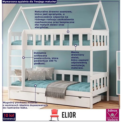 Białe łóżko piętrowe przypominające domek z szufladami do pokoju rodzeństwa - Elior One Size Edinos.pl