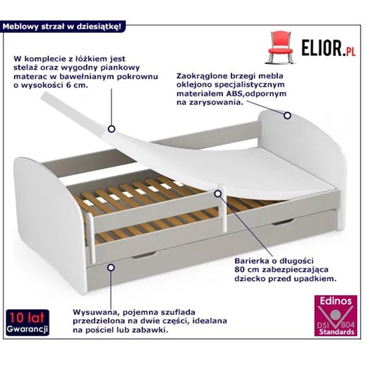 Łóżko dziecięce z szufladą białe + szary - Ellsa 5X 90x180 Elior One Size Edinos.pl