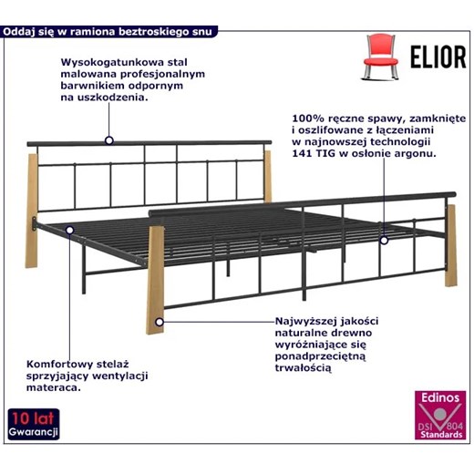 Metalowe łóżko czarny + jasny dąb 160x200 cm - Paresa Elior One Size Edinos.pl