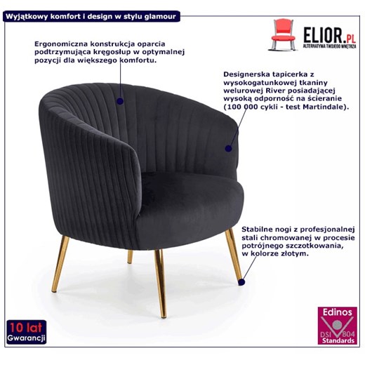 Czarny kubełkowy stylowy fotel muszelka - Royal Elior One Size Edinos.pl