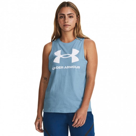 Damski top z nadrukiem Under Armour UA Live Rival Tank - niebieski ze sklepu Sportstylestory.com w kategorii Bluzki damskie - zdjęcie 172351235